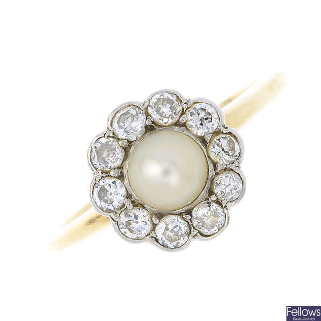 An early 20th century 18ct gold pearl and diamond cluster ring.