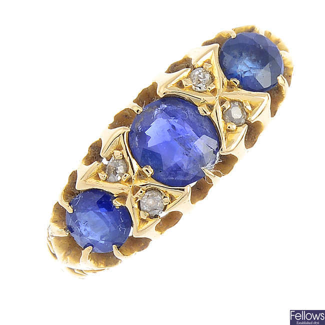 An early 20th century gold, sapphire and diamond ring.
