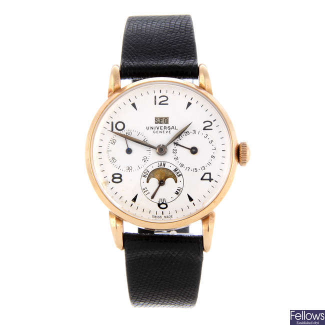 UNIVERSAL GENEVE - a gentleman's rose metal triple date moonphase wrist watch.