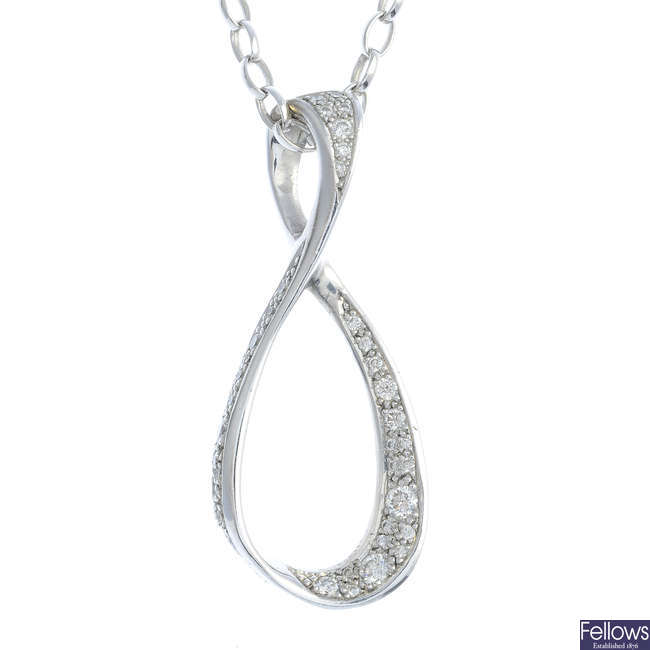 An 18ct gold diamond infinity pendant, with chain.