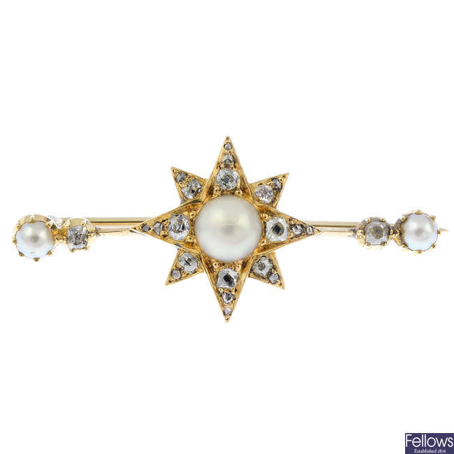 A late Victorian gold, split pearl and diamond brooch.