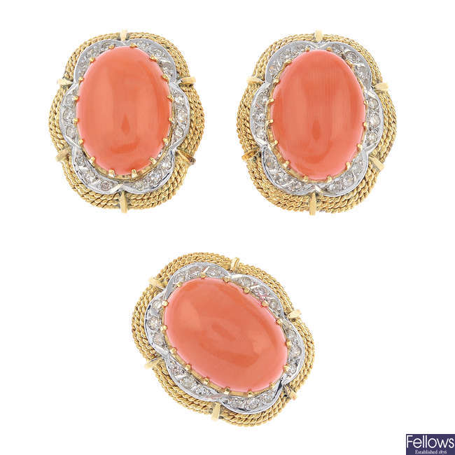 A set of coral and diamond jewellery.
