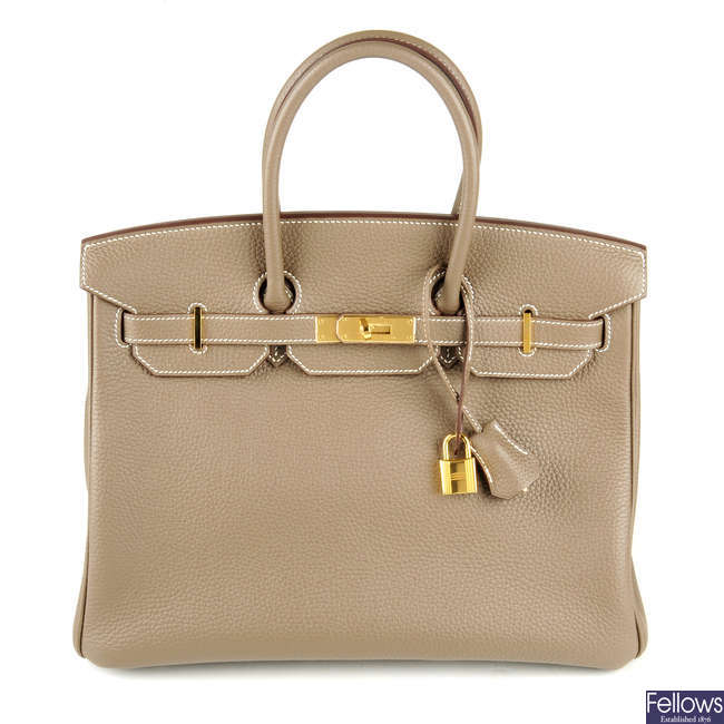 HERMÈS - a 2015 taupe Clemence Birkin 35 handbag.