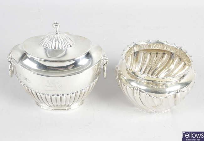 A late Victorian small silver tea caddy & fluted bowl. (2). 