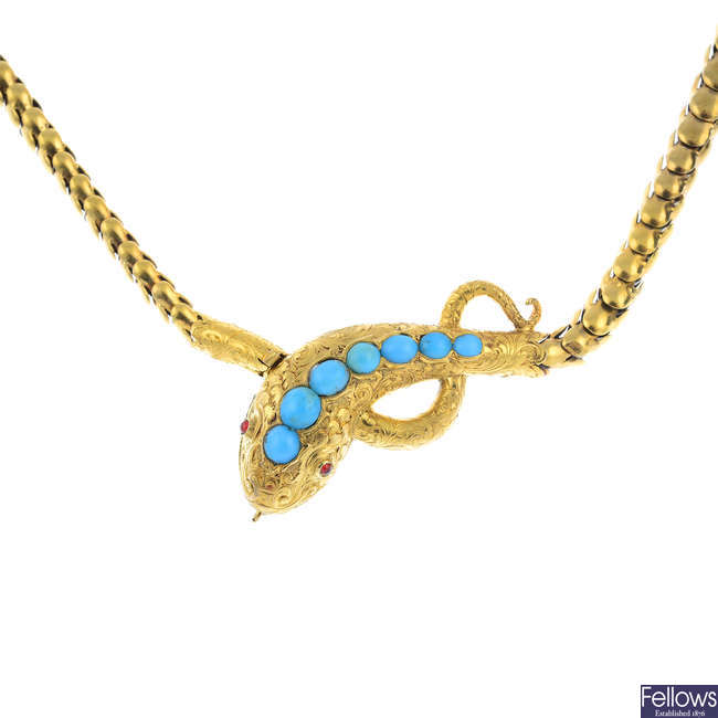 A late Victorian gold turquoise and garnet snake necklace.