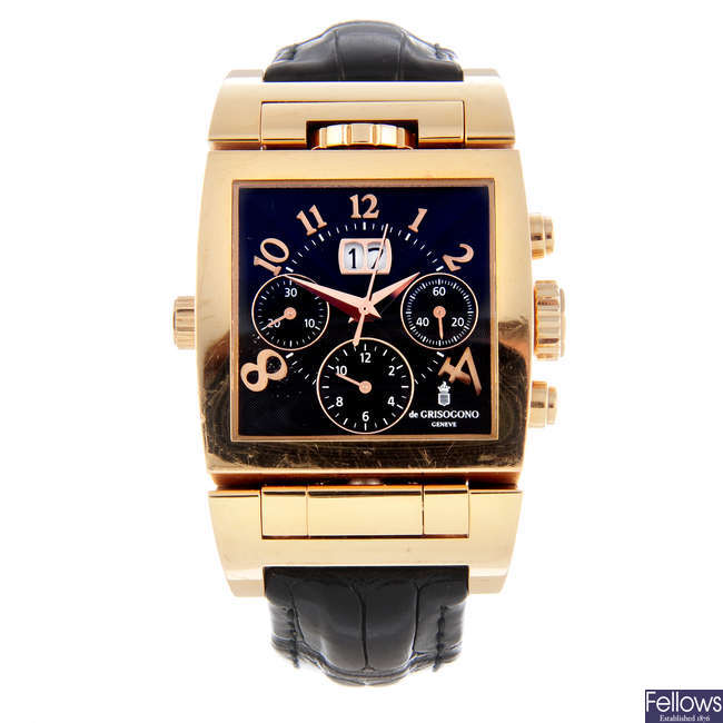 LOT:55  DE GRISOGONO - a limited edition gentleman's 18ct rose gold Instrumento  Doppio chronograph wrist watch.