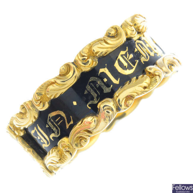 A late Victorian 18ct gold enamel memorial ring.