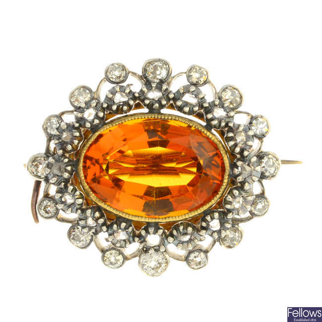 A 19th century silver and gold, citrine and diamond brooch.