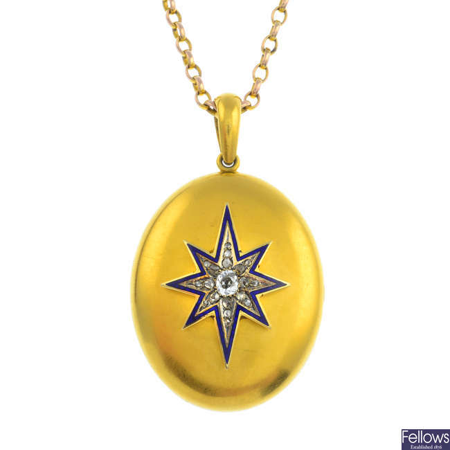 A late Victorian 18ct gold diamond and enamel locket, with later chain.