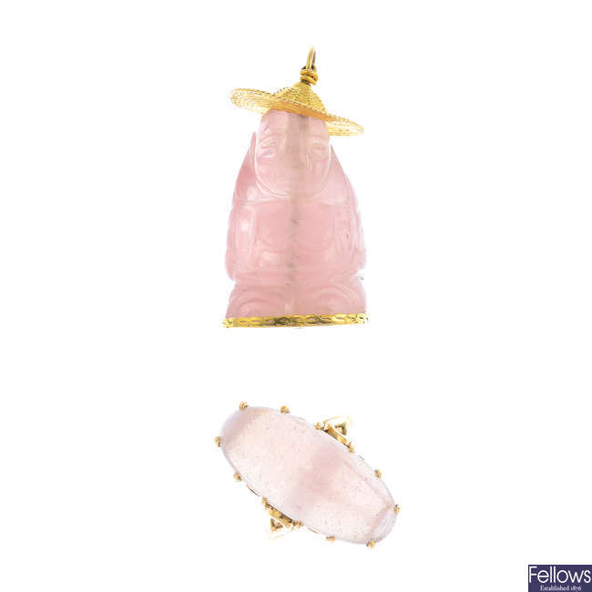 A rose quartz Buddha pendant, with rose quartz ring.