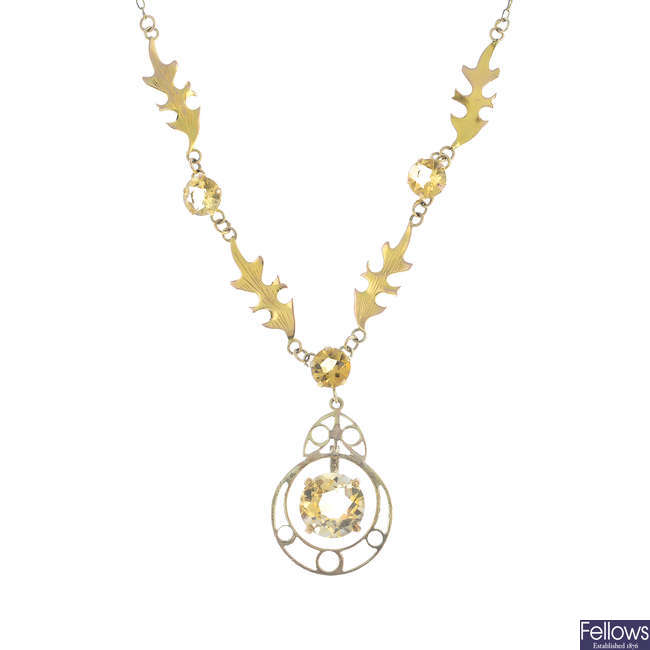 An early 20th century 9ct gold citrine Scottish thistle necklace.