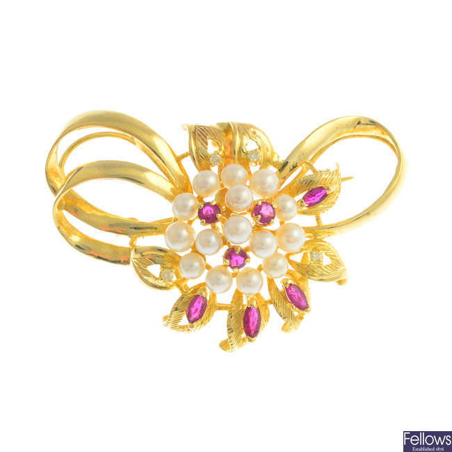 A ruby, diamond and cultured pearl floral brooch.