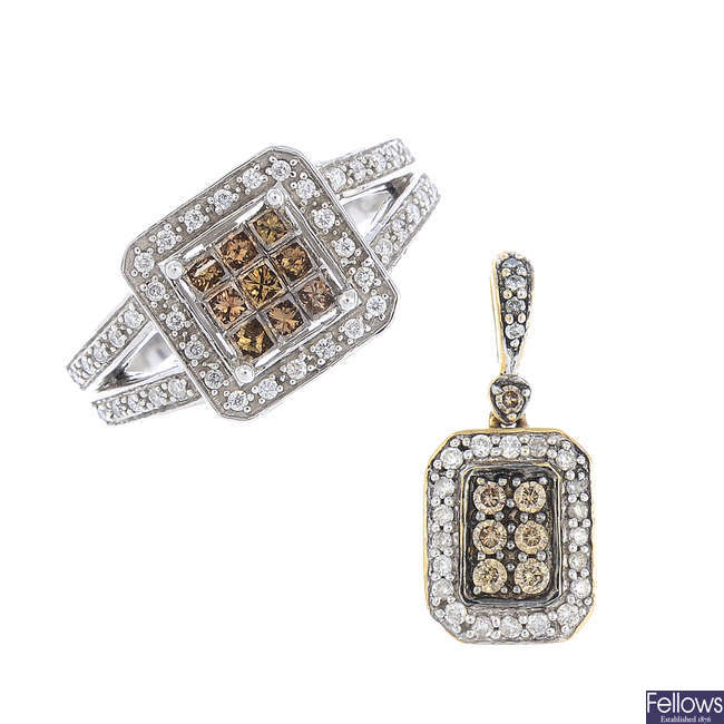 A 'coloured' diamond and diamond ring and pendant.