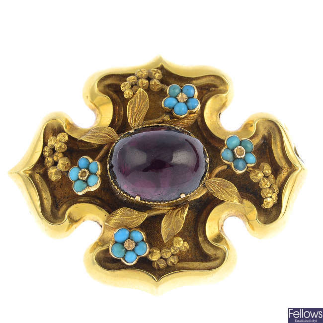 A mid Victorian 15ct gold garnet and turquoise brooch.