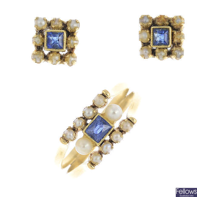 A sapphire, seed pearl and split pearl ring and matching earrings.