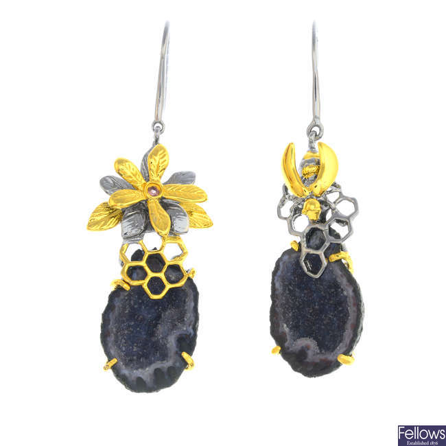 A pair of agate geode and gem-set bee and floral earrings.