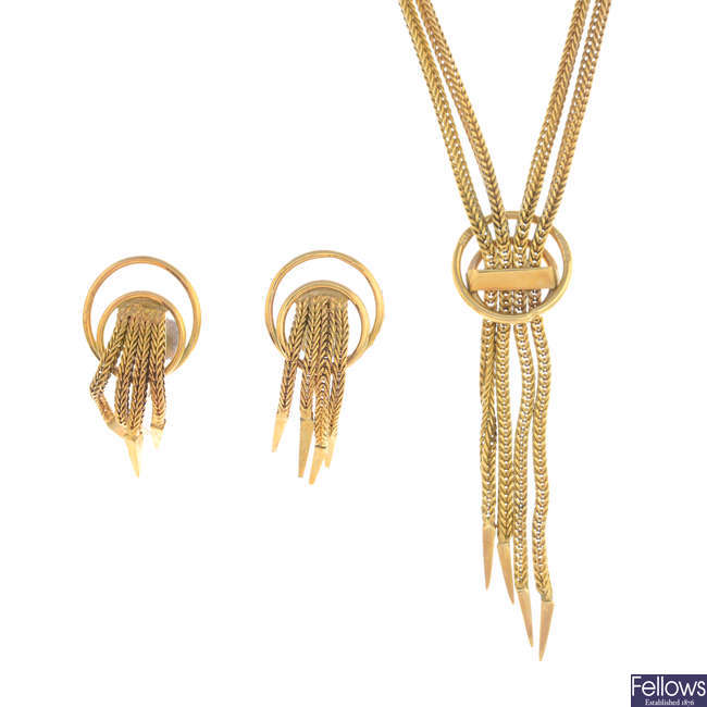 A 1970s 9ct gold necklace and matching earrings.