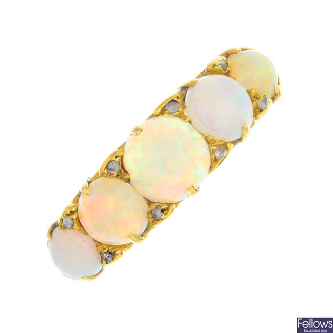 An early 20th century 18ct gold opal five-stone and diamond ring.