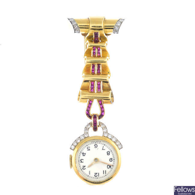 A 1930s 18ct gold diamond and ruby fob watch.