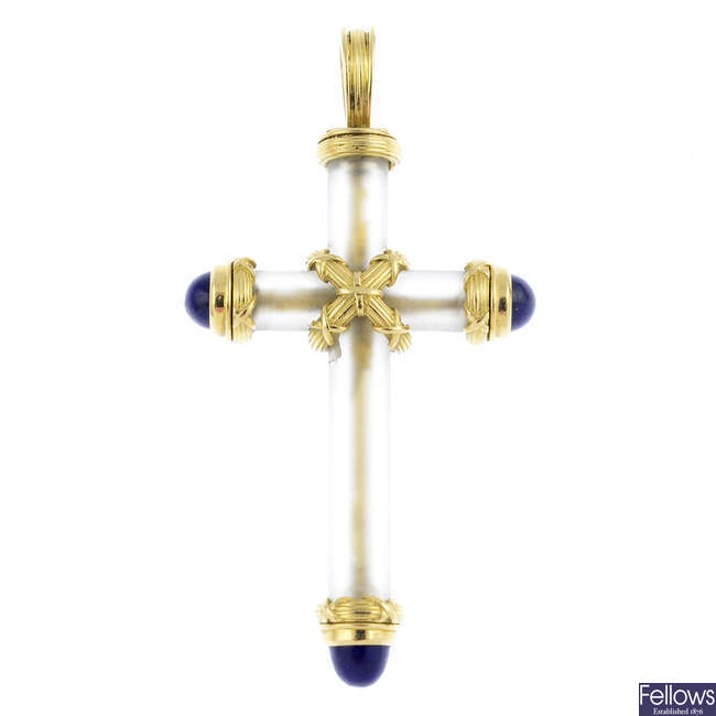 THEO FENNELL - an 18ct gold rock crystal and lapis lazuli cross pendant.