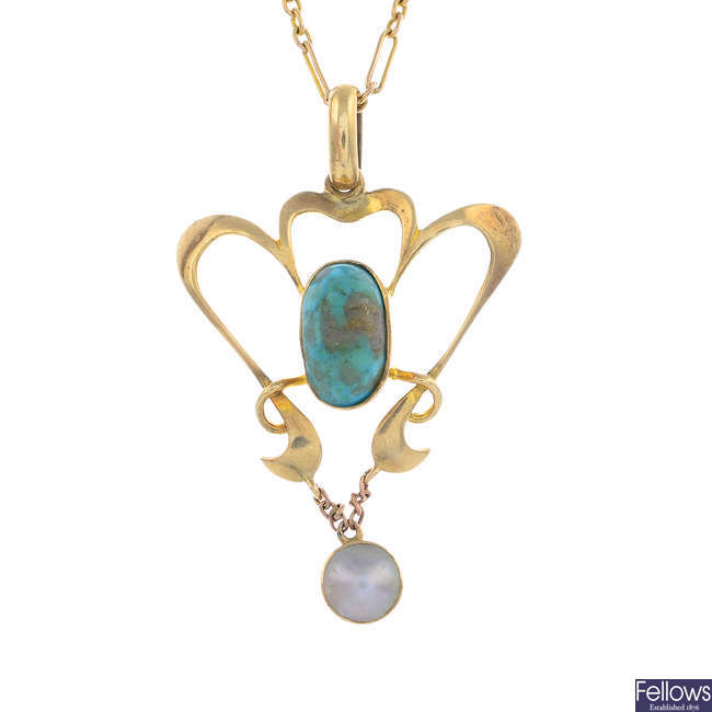 An early 20th century 9ct gold turquoise and cultured pearl pendant, with chain.