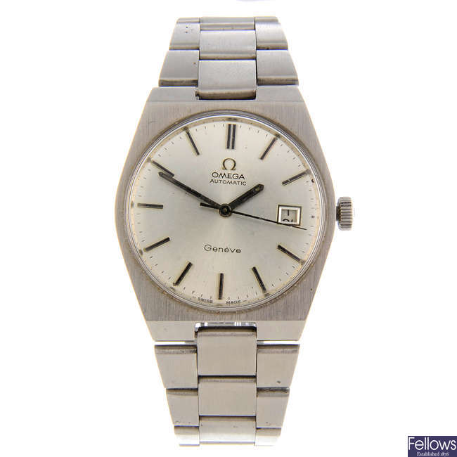 OMEGA - a gentleman's stainless steel GenÃ¨ve bracelet watch with two Omega wrist watches.