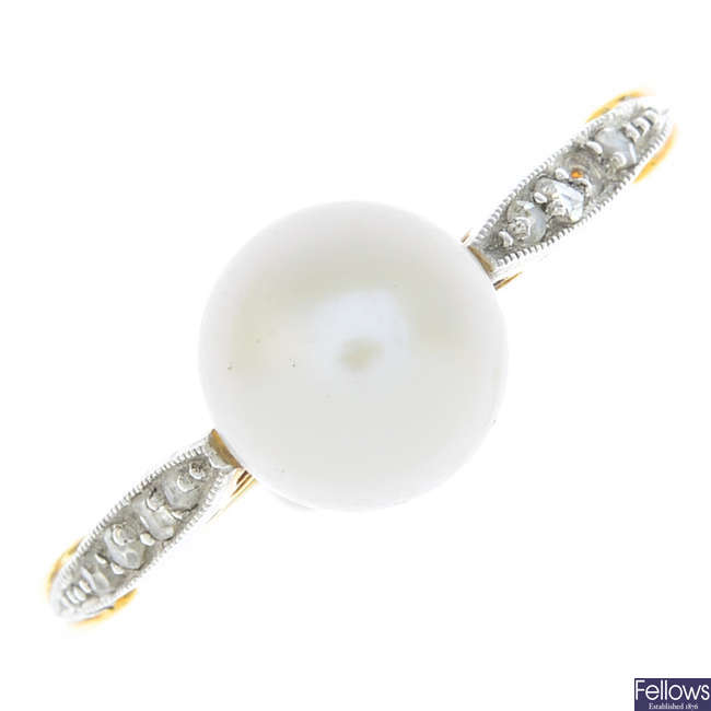 An early 20th century 18ct gold pearl and diamond ring.