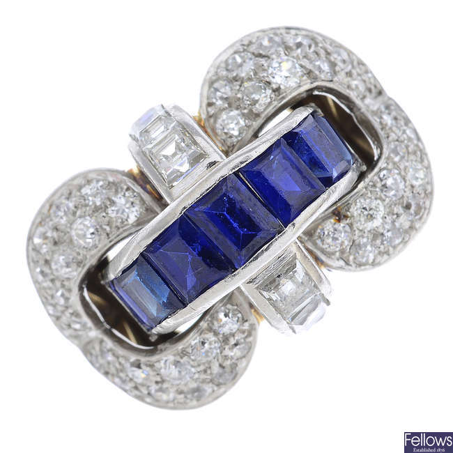 A 1940s platinum and gold, sapphire and diamond dress ring.