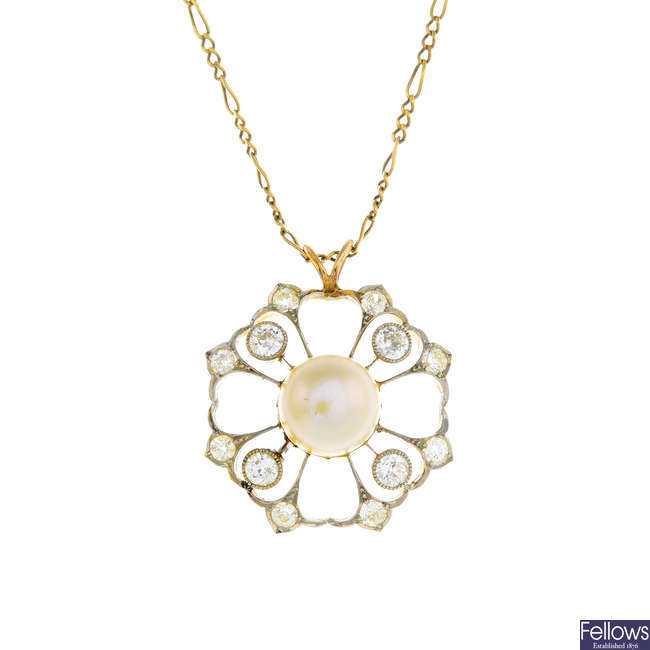An early 20th century cultured pearl and diamond pendant, with 9ct gold chain.