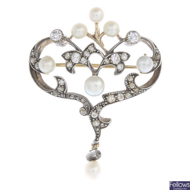 A late Victorian gold and silver cultured pearl and diamond brooch.
