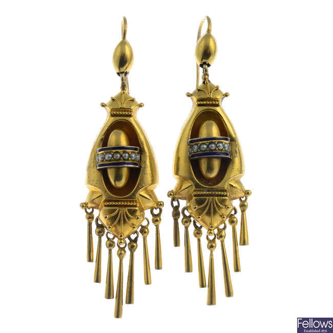 A pair of late Victorian gold split pearl and enamel earrings.