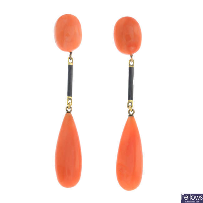 A pair of early 20th century gold, coral and black enamel earrings.