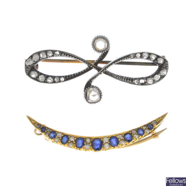 Two Victorian diamond and sapphire brooches.