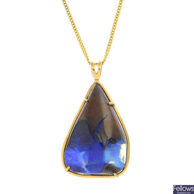 A boulder opal pendant, with 9ct gold chain.