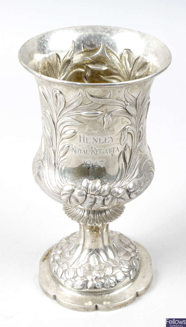 A 1930's embossed silver goblet engraved 'Henley Royal Regatta'.