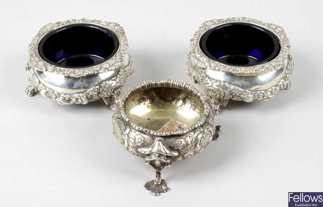 A pair of George III silver open salts & a single Victorian open salt. 