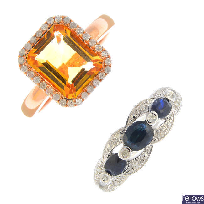 Two 9ct gold diamond and gem-set rings.