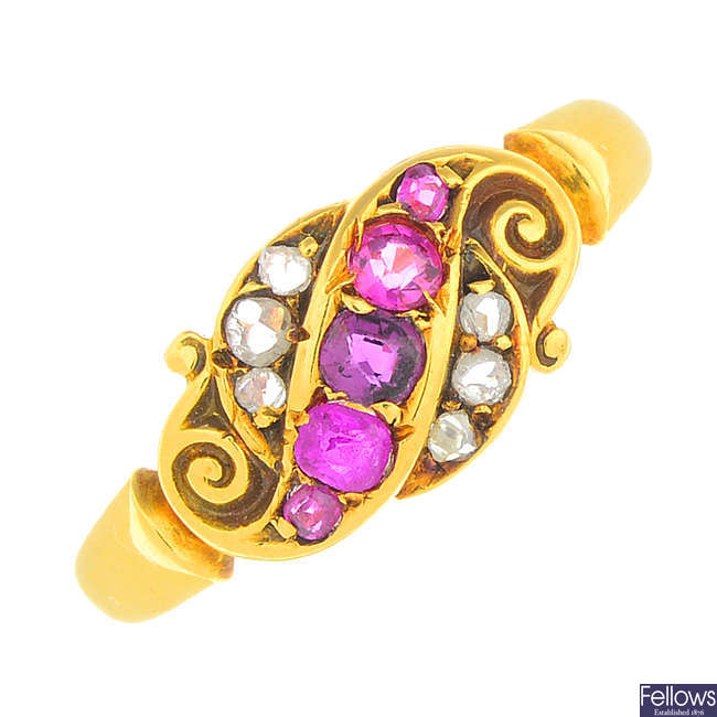 A late Victorian 18ct gold ruby and diamond dress ring.
