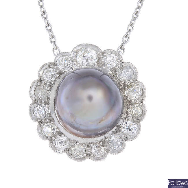 A natural pearl and diamond cluster pendant, on chain.