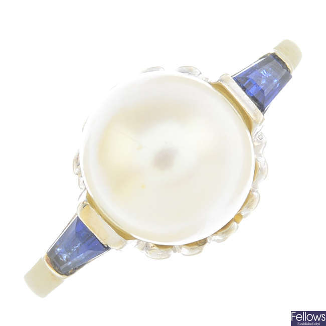 A cultured pearl and sapphire ring.