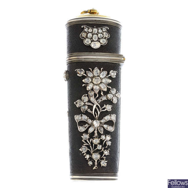 An 18th century silver and gold, shagreen and diamond etui.