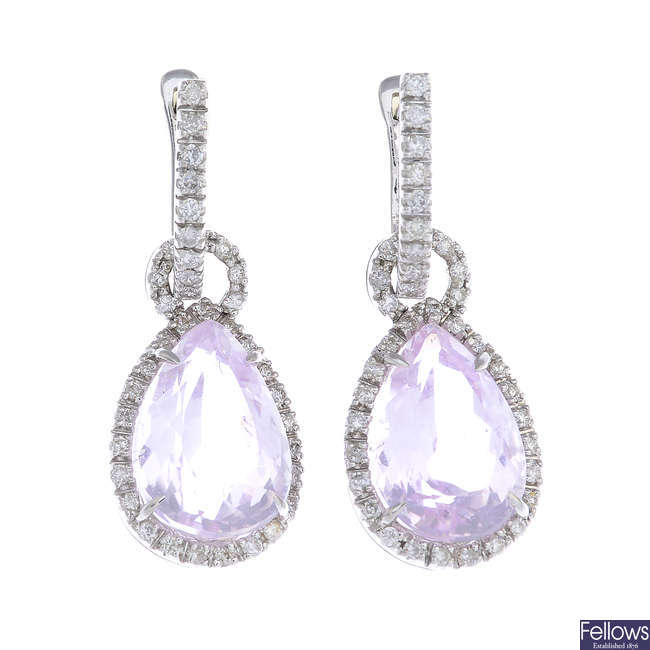 A pair of diamond and kunzite earrings.