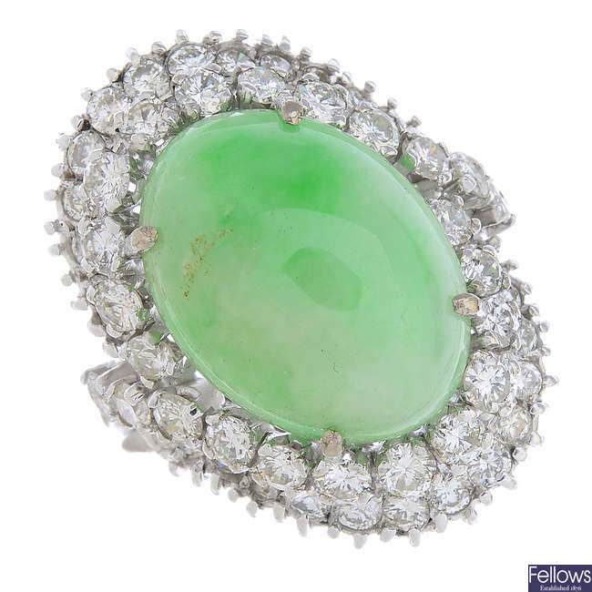 A jade and diamond cluster ring.