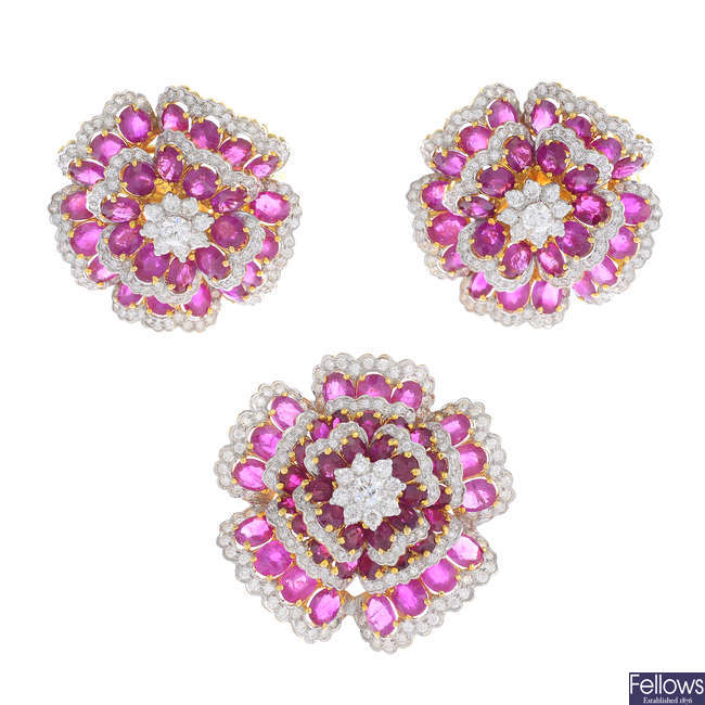 A suite of ruby and diamond floral jewellery.