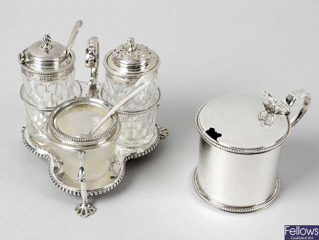 A mid-Victorian silver mounted & glass small cruet set & a Victorian silver mustard pot.
