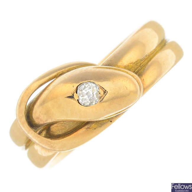 A late Victorian 15ct gold diamond snake ring.