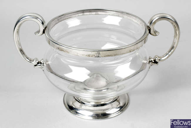 A Victorian silver mounted glass pedestal bowl.