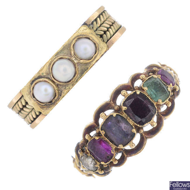 A mid Victorian gold diamond and gem-set 'Regard' ring and an early 20th century 9ct gold split pearl ring.