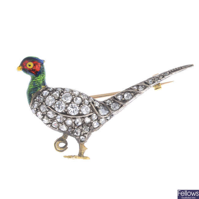 A late Victorian silver and gold, diamond and enamel pheasant brooch.