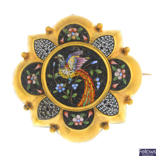 A late Victorian gold micro mosaic Bird of Paradise pendant.